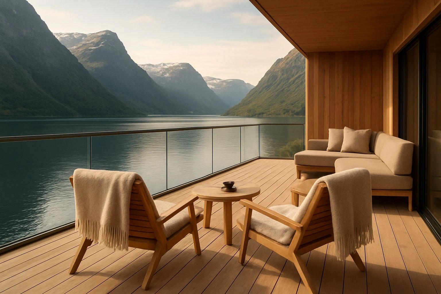 Terrasse med utsikt mot fjell og fjord