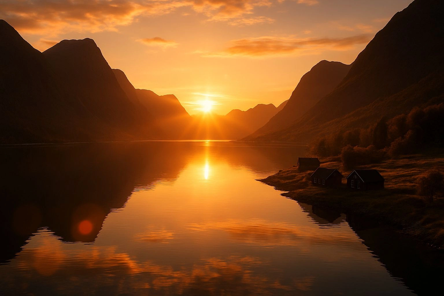 Solnedgang over fjorden med fjell og stille vann
