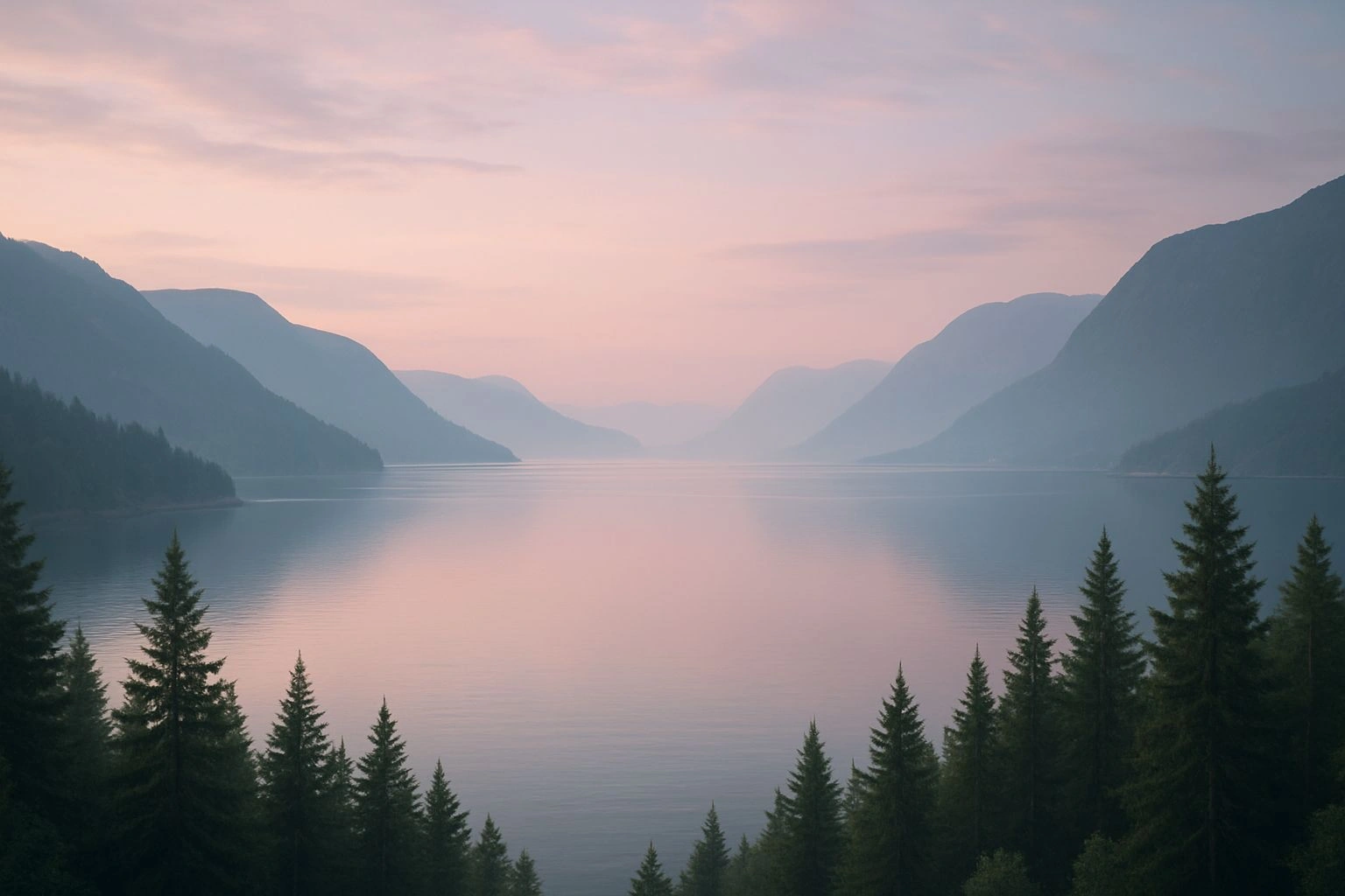 Morgenlys over skog og fjord, rolig stemning