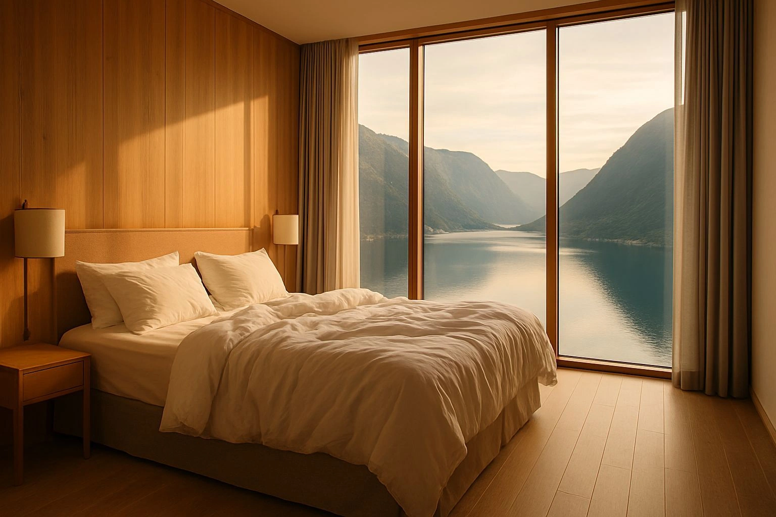 Soverom med panoramautsikt mot fjorden