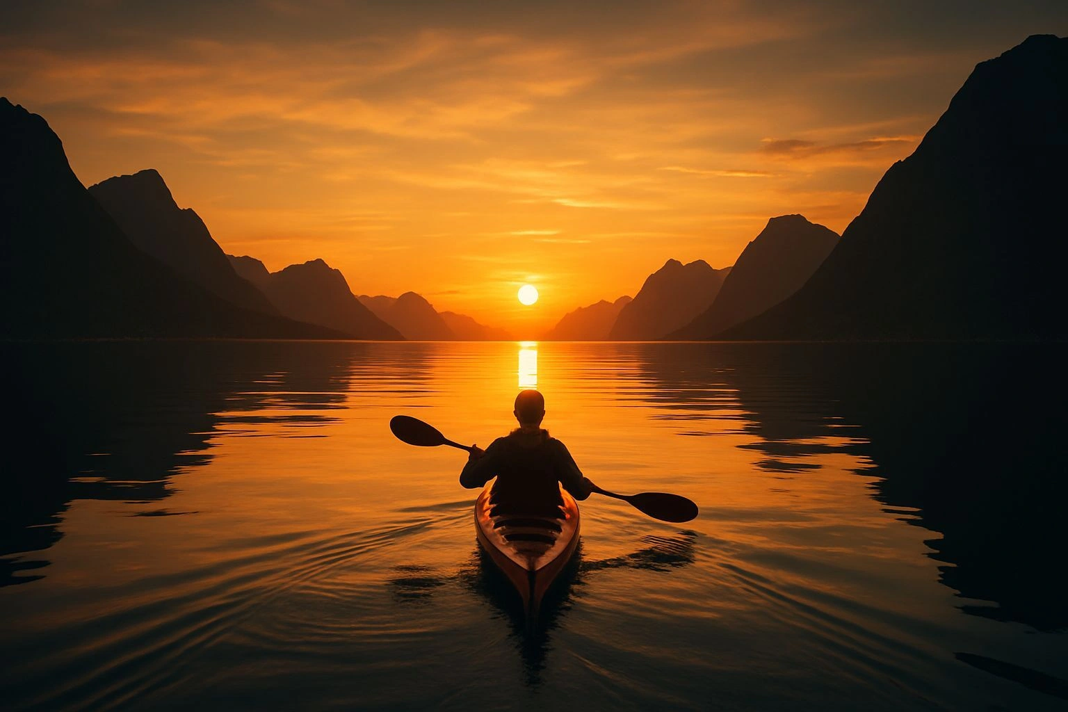 Kajakk på Sognefjorden ved solnedgang