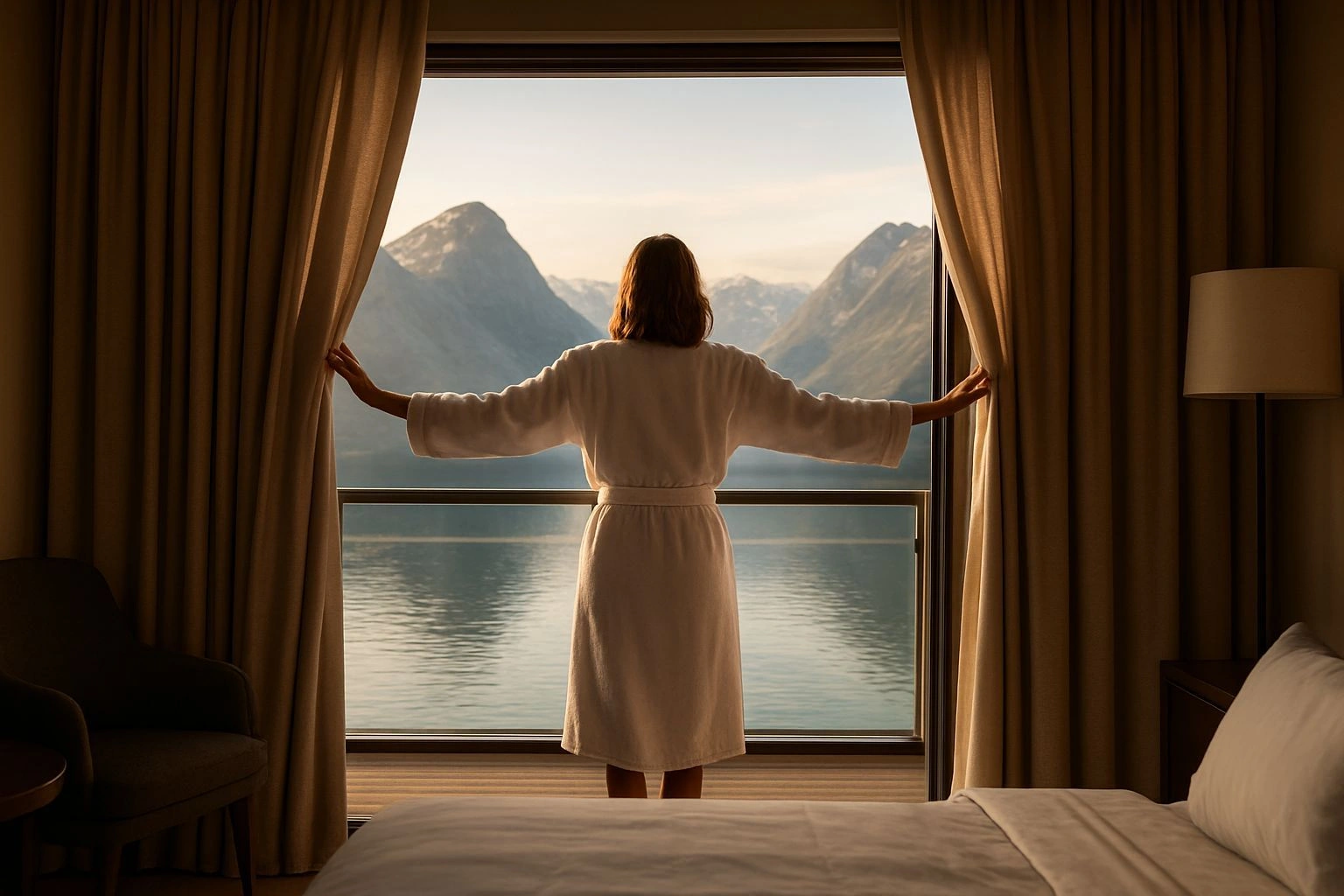 Kvinne nyter utsikten fra balkong mot fjell